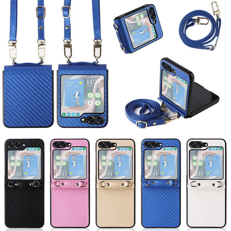 

Suit For Samsung Galaxy Z Flip 5 Conjoined body carbon fiber lanyard holster skin PU phone case for Samsung Z Flip4 3 phone case