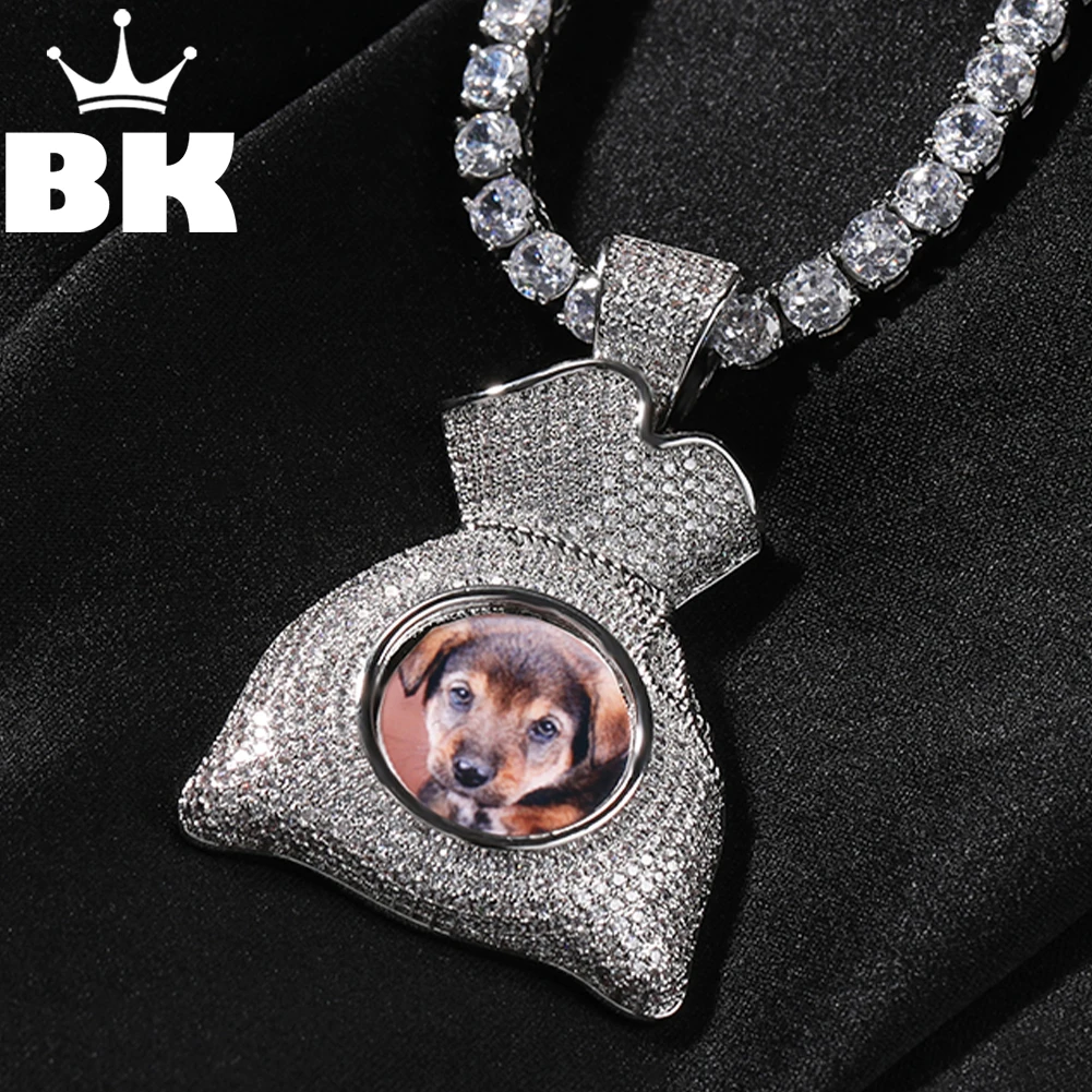 

Цепочка с подвеской в виде кошелека BLING KING для мужчин, ожерелье с круглой фотографией и кулоном из микрозакрепленного кубического циркония, в стиле панк «сделай сам», ювелирное изделие для подарка