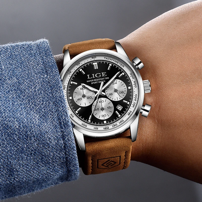 LIGE Fashion Creative Leather Watch Men Top Brand Luxury Quartz Mens Watches Military Sport Waterproof Chronograph Wristwatch
