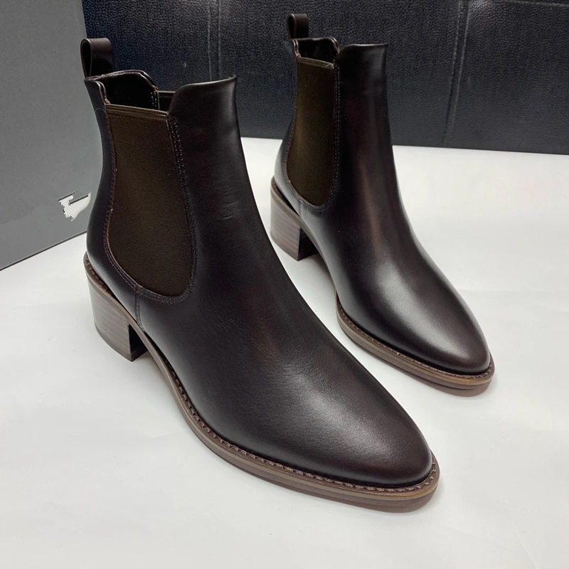 Withered British Fashion High Heels Chelsea Ankle Boots Simple Solid Boot Women Genuine Leather Casual Vintage