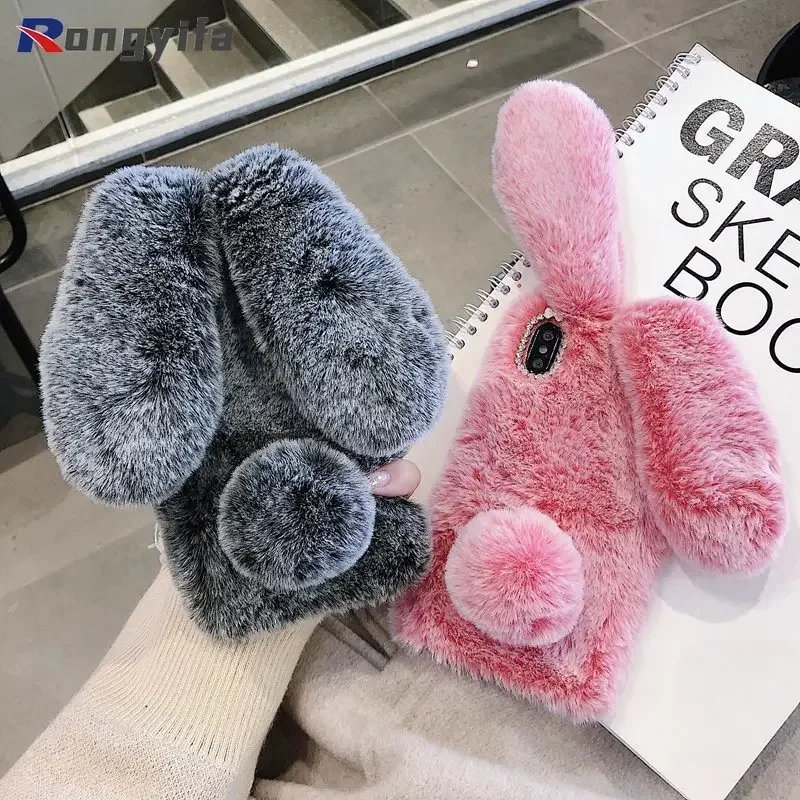 Housse Téléphone Fausse Fourrure Lapin Pour Xiaomi Redmi Note 14 (4G/5G) – Moelleuse, Avec Cordon