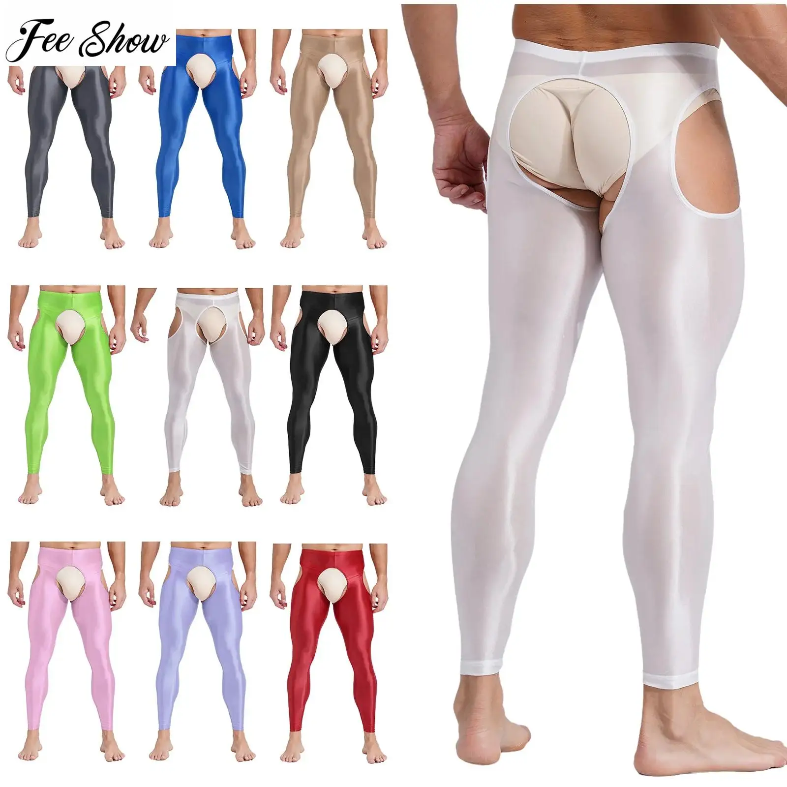 

Mens Glossy Cutout Leggings High Waist Open Crotch Thigh Hollow Out High Stretchy Pencil Pants Workout Skinny Pants