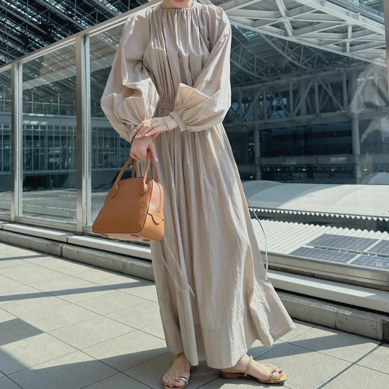 

WAKUTA Gentle Long Loose Slim Fit Robe Femme 2024 Summer Elastic Waist Fold Vestidos Bubble Sleeve Lazy Vacation Style Dresses