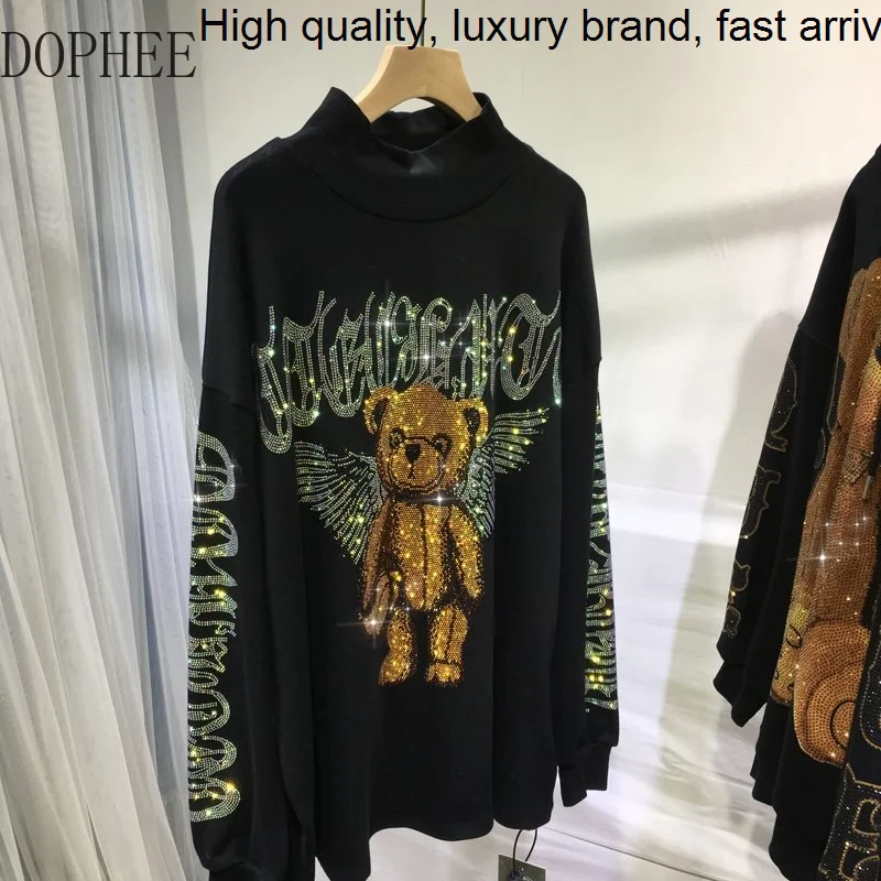 

Women Sanding Thicken Basic T-shirt 2023 New Autumn Winter High Collar Pullover Top Mid-long Bear Hot Drilling Streetwear Tshirt