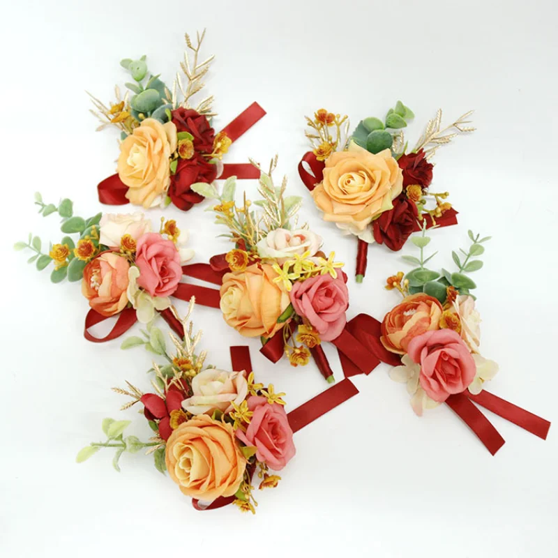 

Orange Artifical Flowers Boutonniere corsage wedding Roses with Sash Brides Groomsmen Witness Buttonhole Accessories