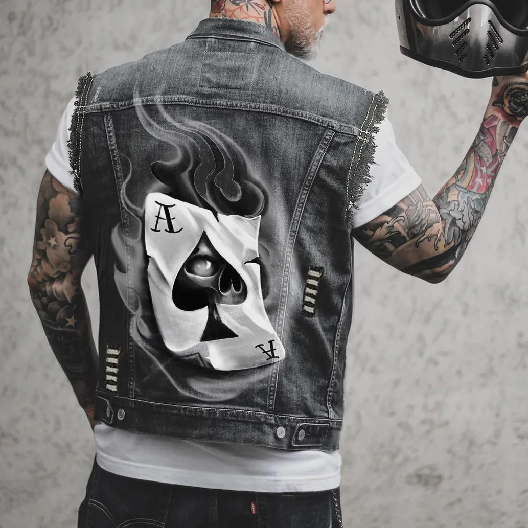 

Men's Spring And Summer Four Seasons New Street Punk Style Spades A Playing Card Printing Sleeveless Vest Denim Jacket