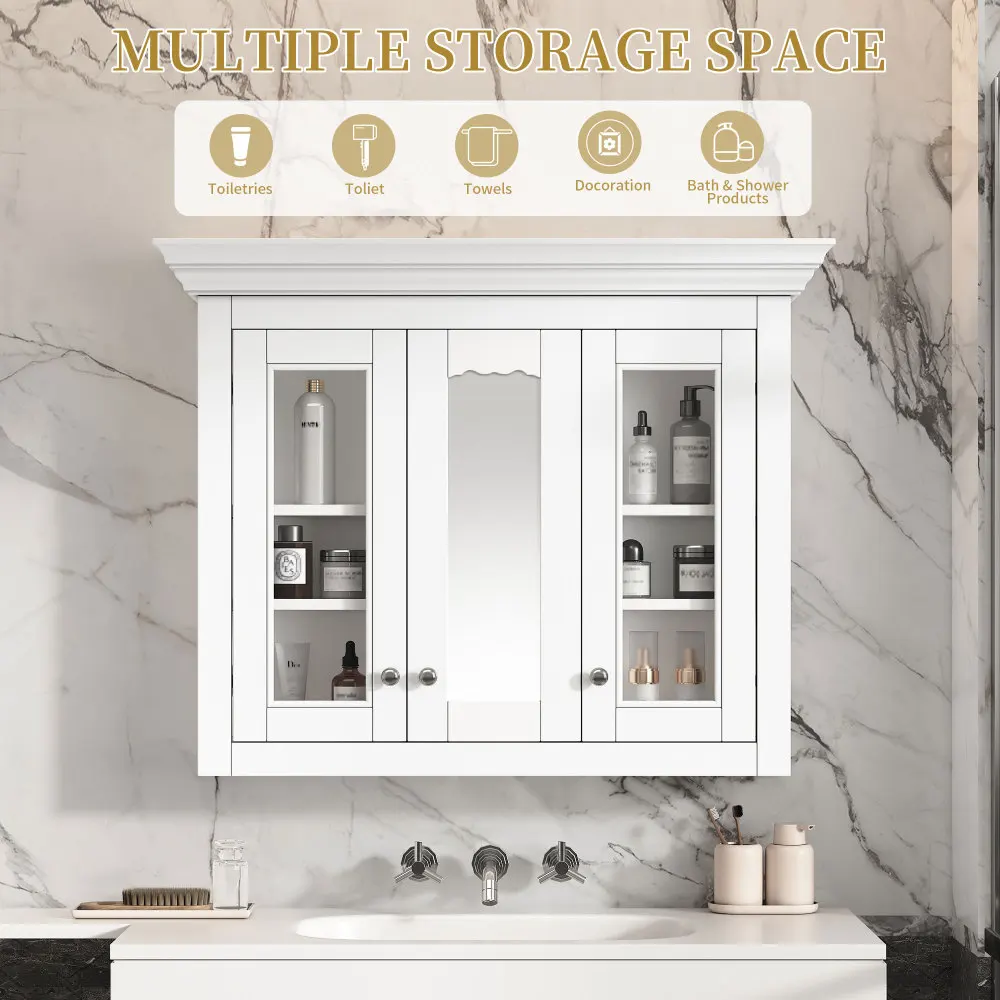 Wood Medicine Cabinet with Mirror Glass Door and Adjustable Shelves