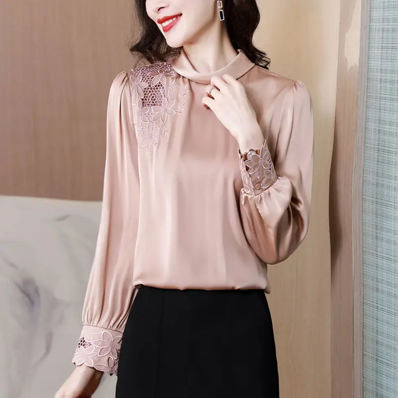 

Pink Blouse Embroidered Heavy Silk Girl Long Sleeves Loose 2023 Spring Wild New Fashion High -end Mulberry Silk Shirt Blouse