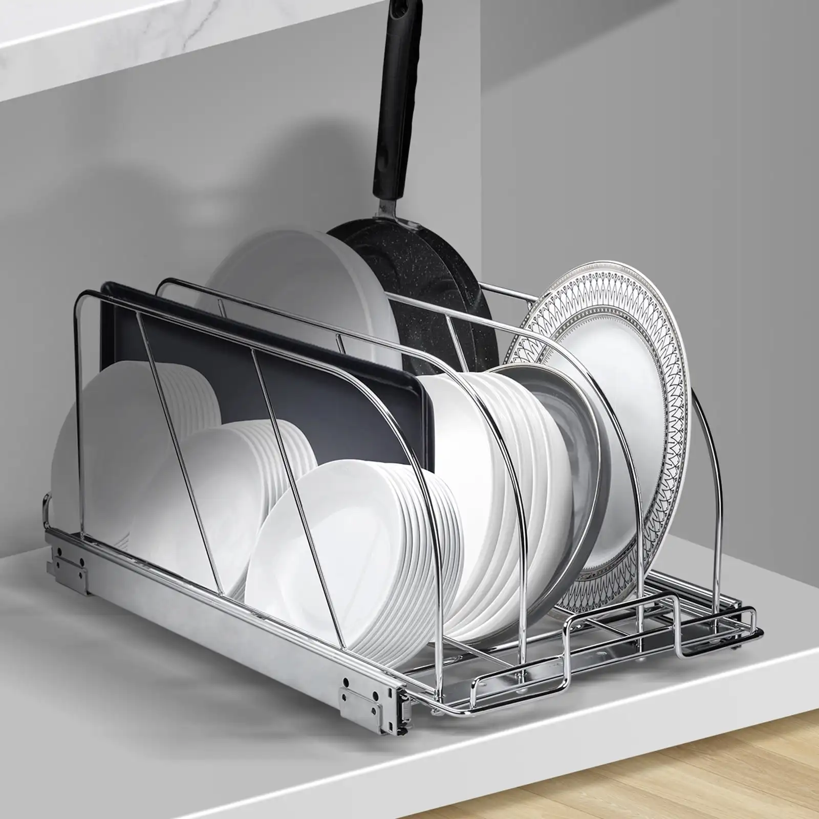 

Pan and Pot Rack Organizer Expandable Adjustable Lid Holder Under Cabinet