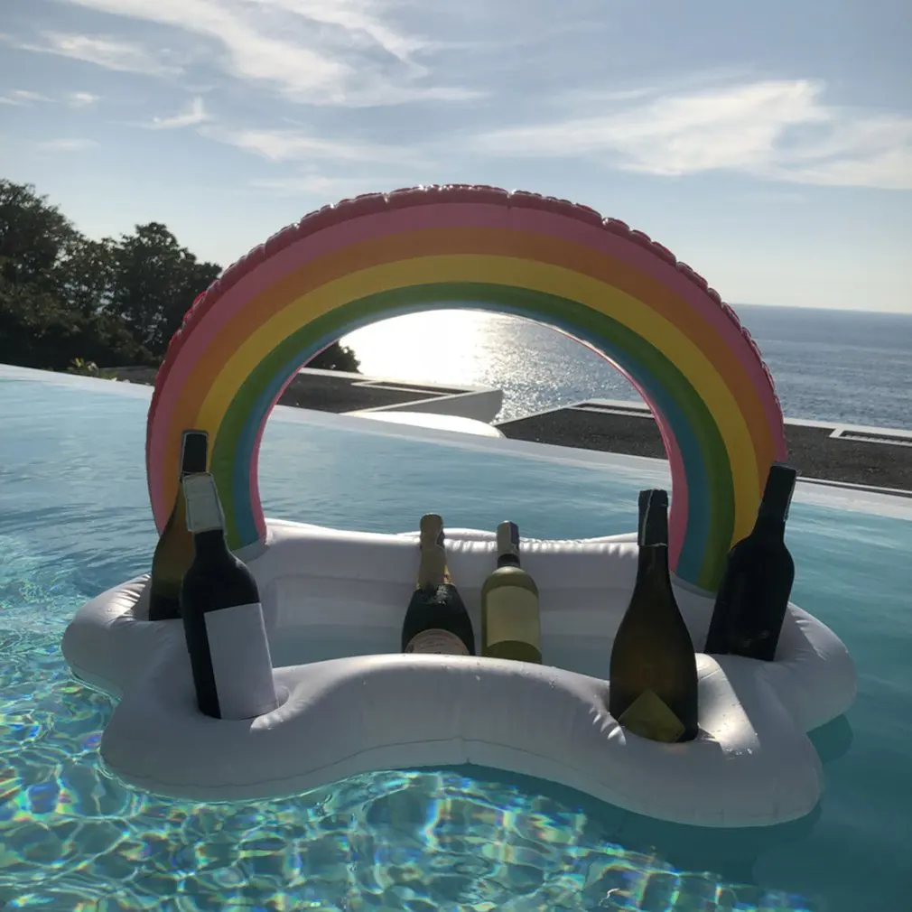 Inflatable Swimming Ring Summer Party Bucket Rainbow Cloud Cup Holder Inflatable Pool Float Beer Drinking Cooler Table Bar Tray Beach Swimming Ring