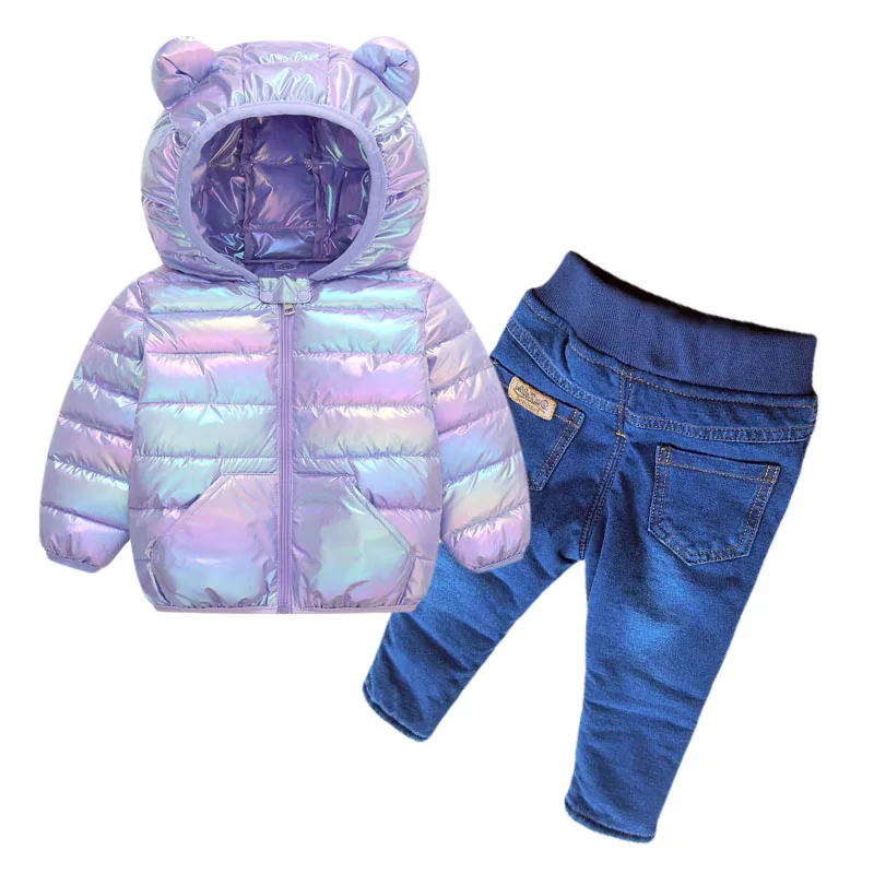 

2023new Winter Boys Clothing Sets Baby Girls Warm Hooded Down Jacket + Denim warm pants Tracksuit Children Snowsuit Suit 1-6Y