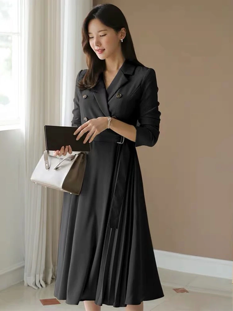 

Spring Autumn Elegant Women Dress Chic Temperament Formal Notched Neck Slim Pleated Midi Party Street Robe Femme Mujer Vestidos