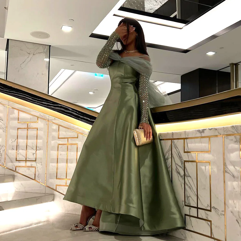 

Haute Couture Luxury Dubai Evening Dresses for Women Wedding Party Green Crystal Gold Black Long Sleeve Gala Prom Dress