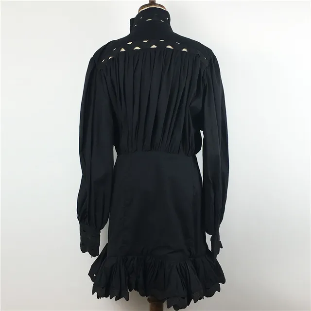 Spring Dress New Fashion 2021 Women Sexy Hollow Out Patchwork Lantern Sleeve Button Black White Shirt Mermaid Mini Dress 5