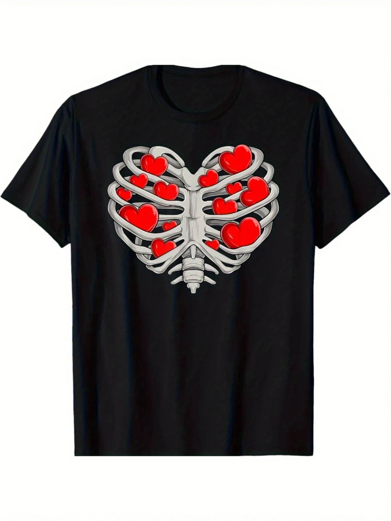 Men's Black Cotton T-Shirt with Heart Skeleton Graphic Print – Soft, Comfortable Crew Neck Short Sleeve Tee for Summer Casual Wear