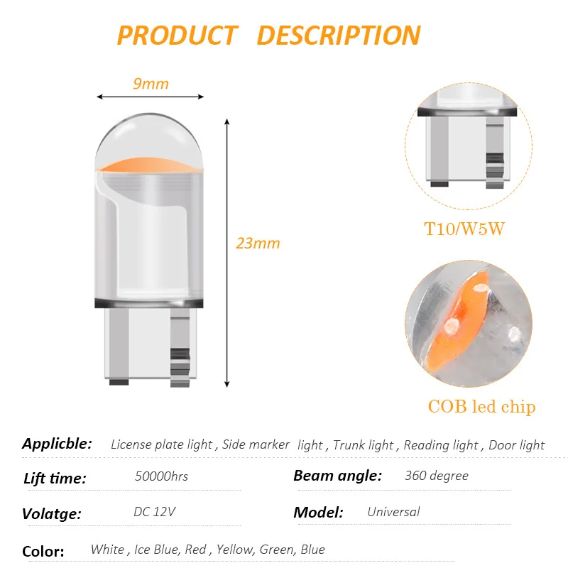 Car LED T10 W5W Canbus Glass COB 6000k Reading Dome Lamp Marker Wedge  License PlateLight Bulb 168 194 192 DC 12V White Light