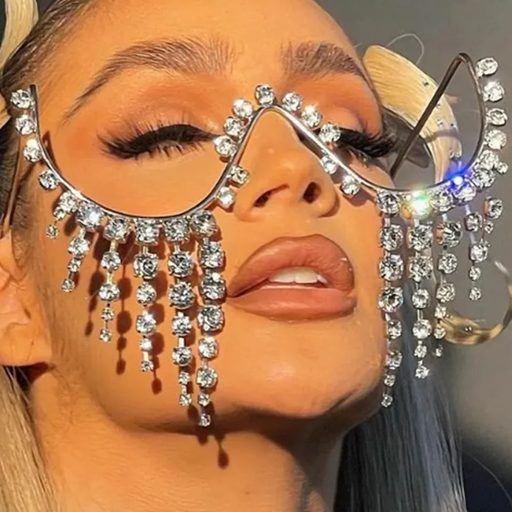 

Exaggerate Crystal Tassel Glasses Frame Face Decoration for Women Rave Accessories Sexy Rhinestone Sunglass Frame Eye Jewelry