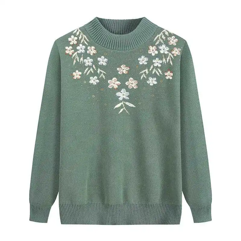 

Women's Half High Collar Solid Printing Rhinestone Knitted Autumn and Winter Pullover Long Sleeve Embroidery Fashion Sweater