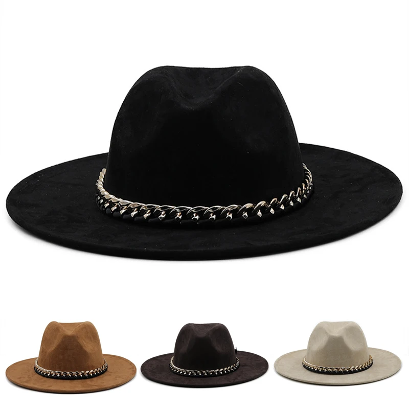

Solid Color Suede Fedora Hats with Acrylic Chain Wide Brim Men Panama Western Cowboy Ladies Jazz Church Sombrero Caps Sun Hat