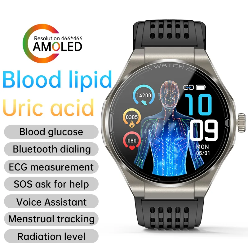남성용 AMOLED ECG 손목시계, 혈액 지질 압력 요산 BMI 시계, BT 통화, SOS 건강 스마트워치, 1.43 인치 스마트 워치, 2024 신제품