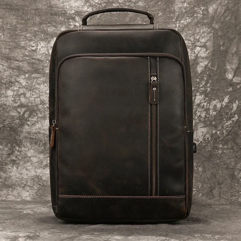 Men's Crazy Horse Leather Backpack 15.6" Laptop Cow Leather Daypack Large Capacity Male Travel Backpack With USB Cable 3
