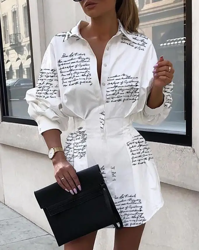 

Sexy Elegant Dresses for Women Letter Print Tight Waist Shirt Dress New Fashion 2024 Summer Casual Female Clothing Outfits