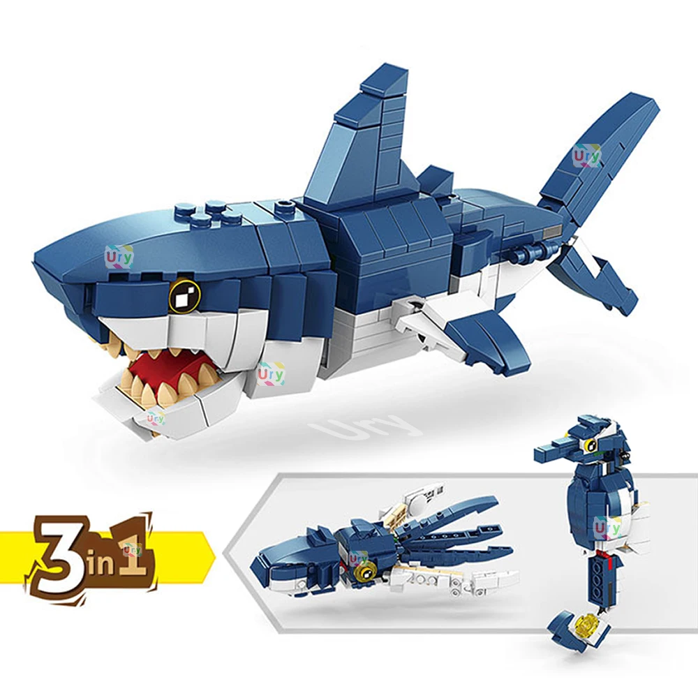 Moc 해양 해양 물고기 3in1 동물 상어 호랑이 올빼미 악어 모델 세트 빌딩 블록 Diy 어린이 아이 선물을위한 장난감을 조립
