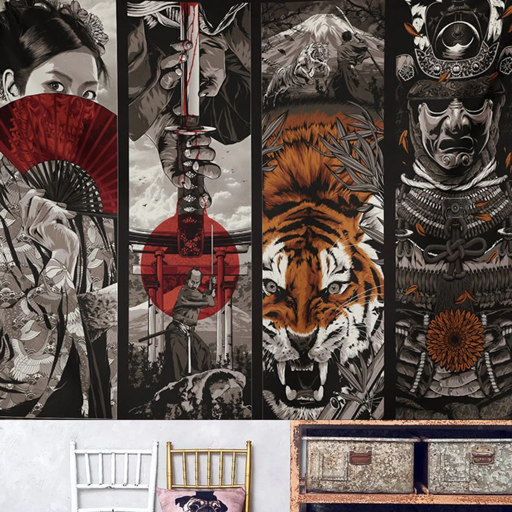 

Japanese Style Samurai Sword Geisha Tiger Tapestry Hanging Large The Great Wave Moon Art Wall Decor Cloth Carpet Backdrop