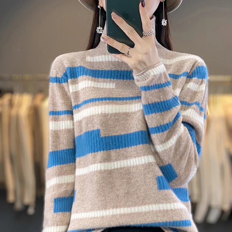 

100% Merino Wool Turtleneck Sweater Women Autumn Winter Fashion Loose Striped Pullover Long Sleeve Top Female Casual Warm Jumper