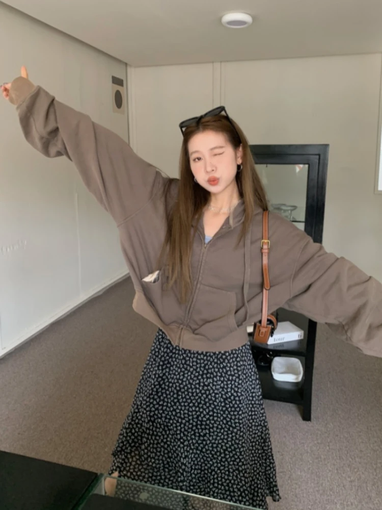 

ADAgirl Women Hoodies Batwing Sleeve Sweatshirt Zip Up Oversize Streetwear Korean Fashion Casual Solid Color Autumn Kpop Clothes