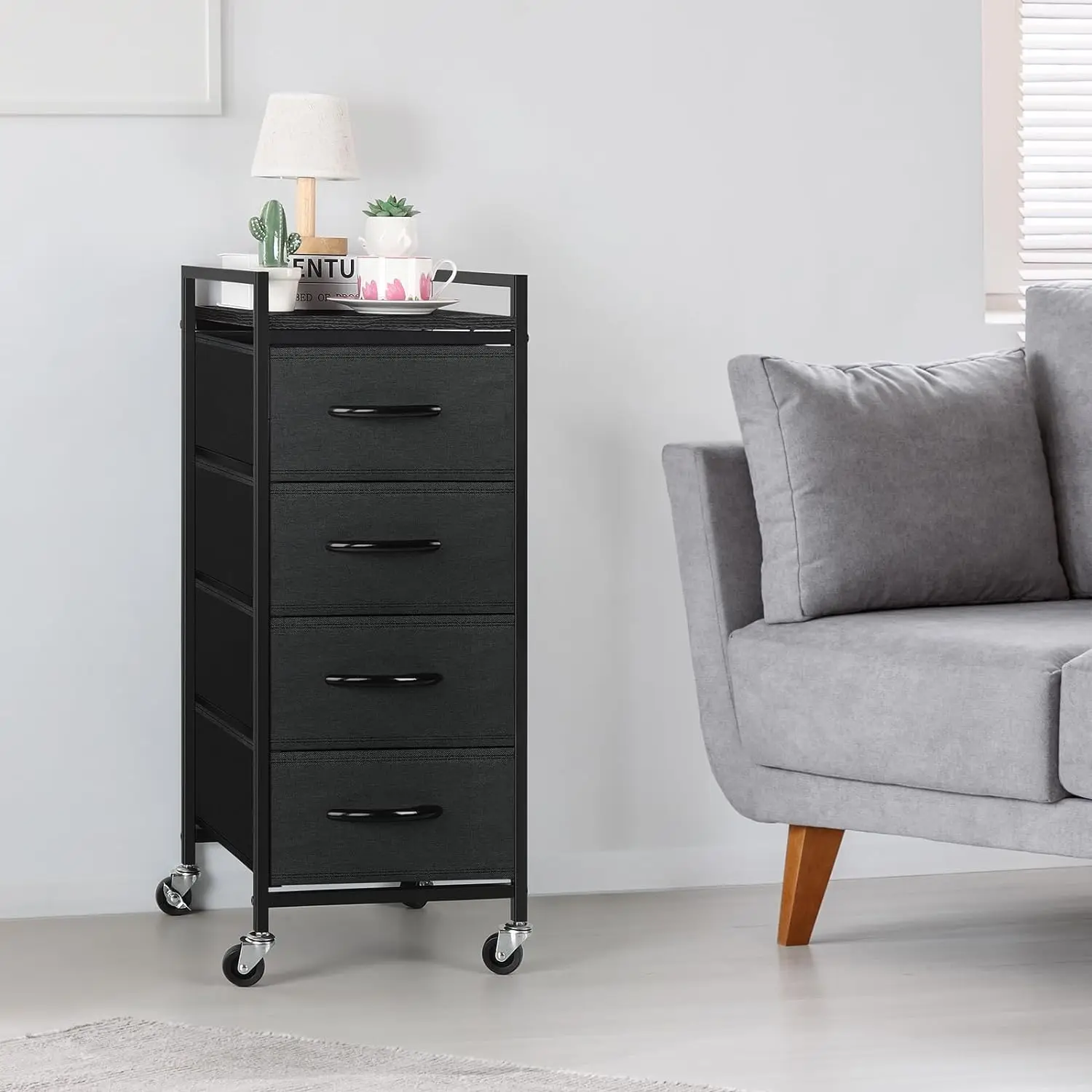 Fabric Storage Dresser Bedroom 4 Drawer Storage Organizer Unit Vertical Drawer Small Nightstand with Rolling Casters (Dark Gray) 2