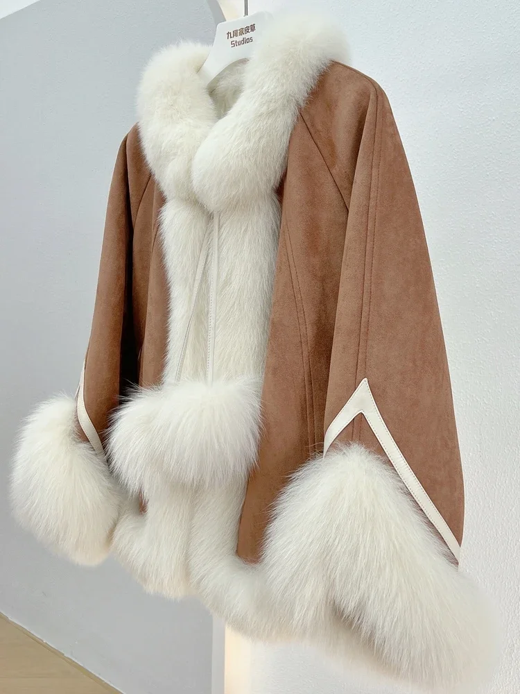 Fuzz Cape Coat Winter Down Inner Fox Fur Fluffy Jacket Knitted Thick Warm Loose Long Sleeve Retro Color Contrast Women's Clothes