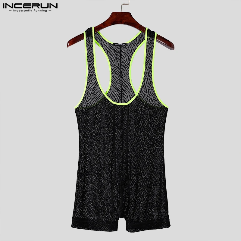 INCERUN Sexy Style Men Jumpsuits Fashion Line Print Shorts Rompers Casual Sleepwear Flat Cornered Sleeveless Male Bodysuits