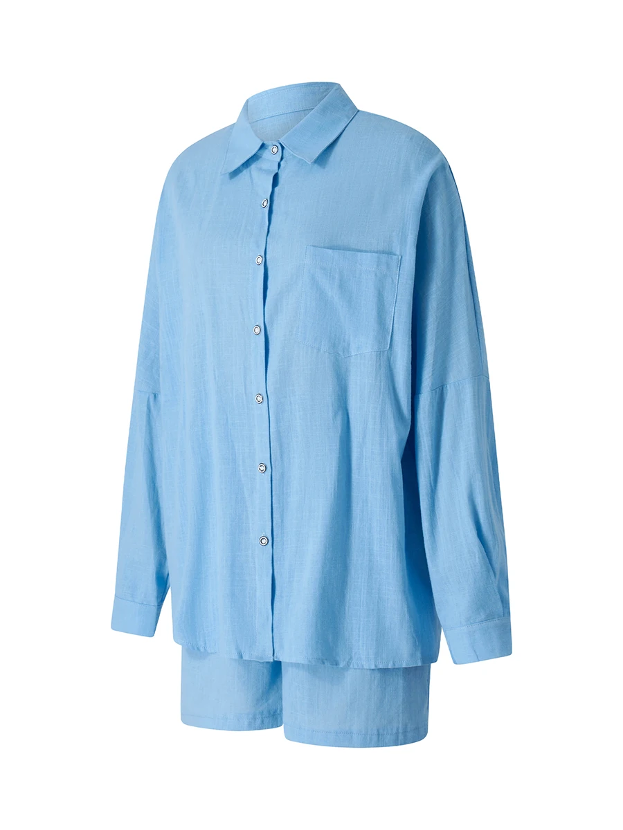 Women Summer Sportswear Set Solid Color Loose Long Sleeve Button-up Shirts Tops and Casual High Waist Shorts Outfits