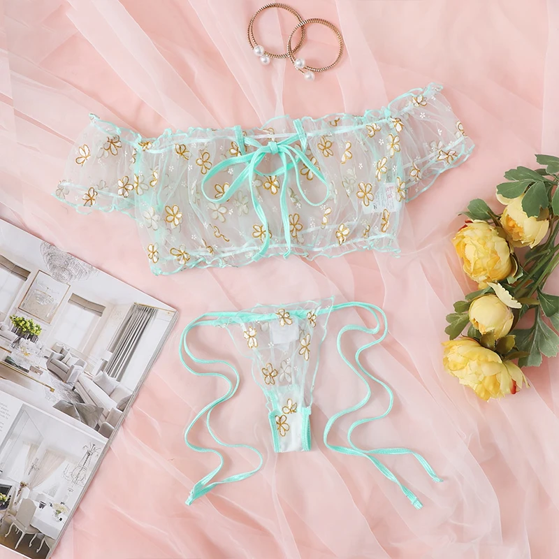 Seductive Summer Floral Lingerie Set - Off-Shoulder Bralette and Panties