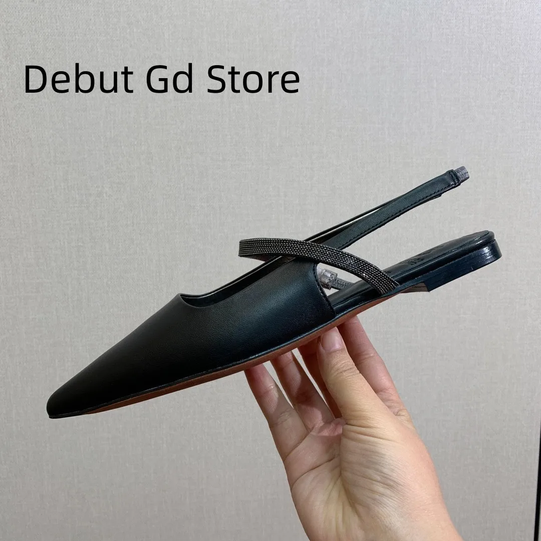 2024 New Summer Flat Shoes Women Pointed Toe Slingbacks Suede Leather String Bead Walk Shoes Woman Runway Sandals For Women