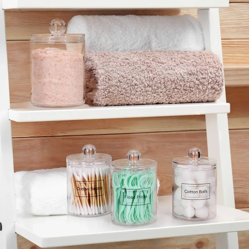 4 Pack Acrylic Qtip Holder Dispenser for Cotton Swabs, Balls, Pads, Floss Picks- Small Clear Vanity Makeup Storage Box Organizer 5