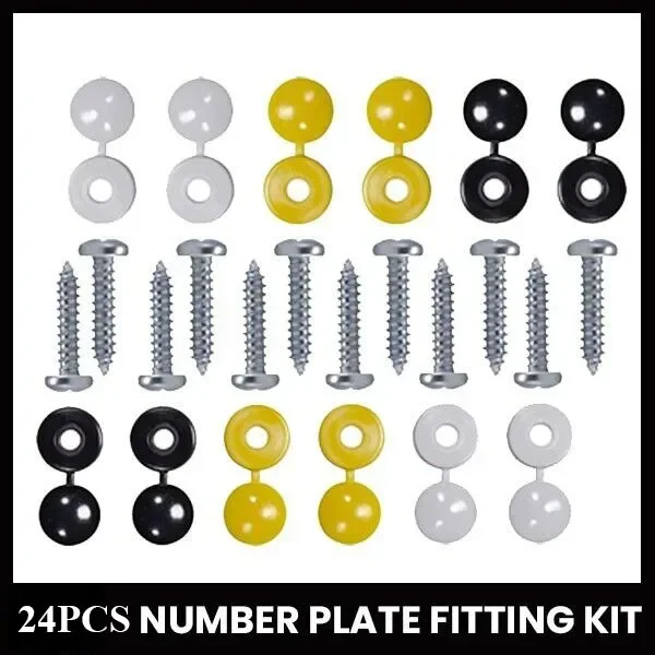 Kit Di 24 Viti E Tappi Coprivite Per Targa Auto: 8 Gialli, 8 Bianchi, 8 Neri. Antiruggine E Universali