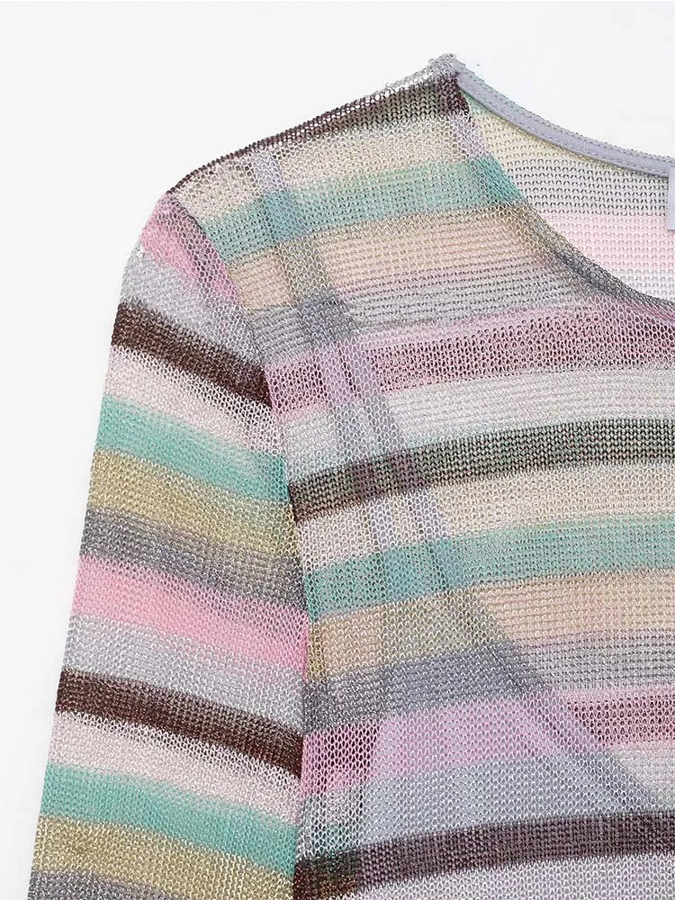 2025 Chic Elegant Fashion Long Sleeved Round Neck Stripe Light And Thin Long Dress Women Summer Evening Party Dresses