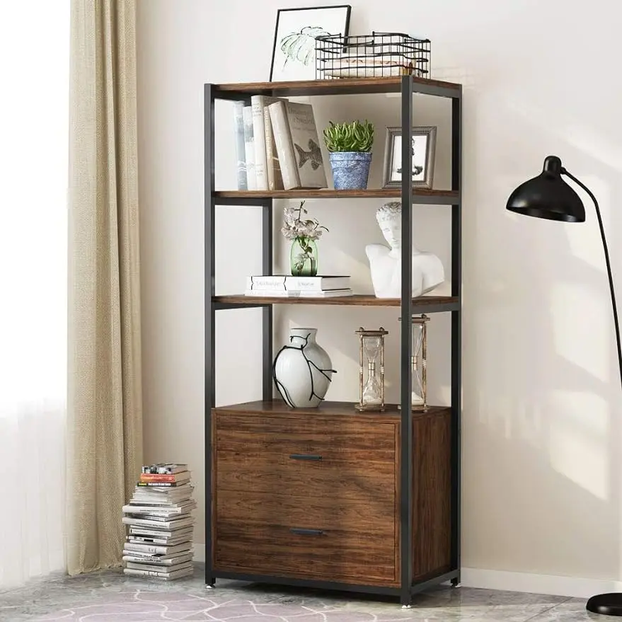 

Bookcase, 4-Tier Rustic Bookshelf with 2 Drawers, Etagere Standard Book Shelves Display Shelf for Home Office