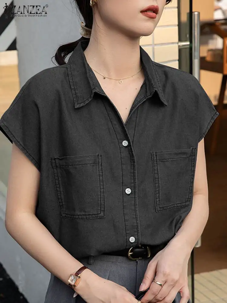 

Summer Denim Shirt Fashion Women Lapel Blouse ZANZEA Casual Button Jeans Tunic Tops Stylish Short Sleeve Work Blusas Mujer Femme