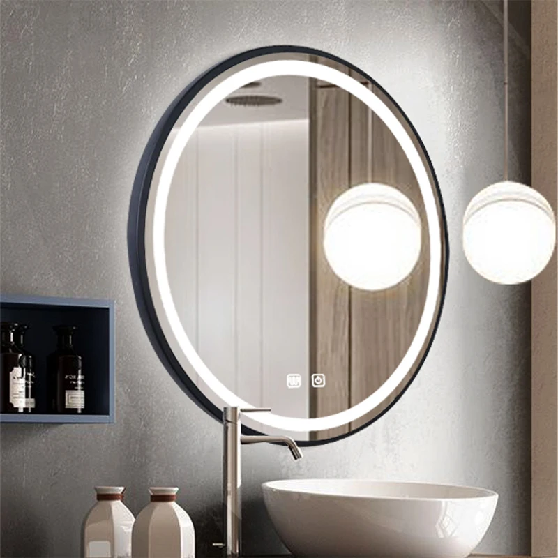 LED Smart Black Frame Round Wall Hanging Makeup Bathroom Mirror 3 color