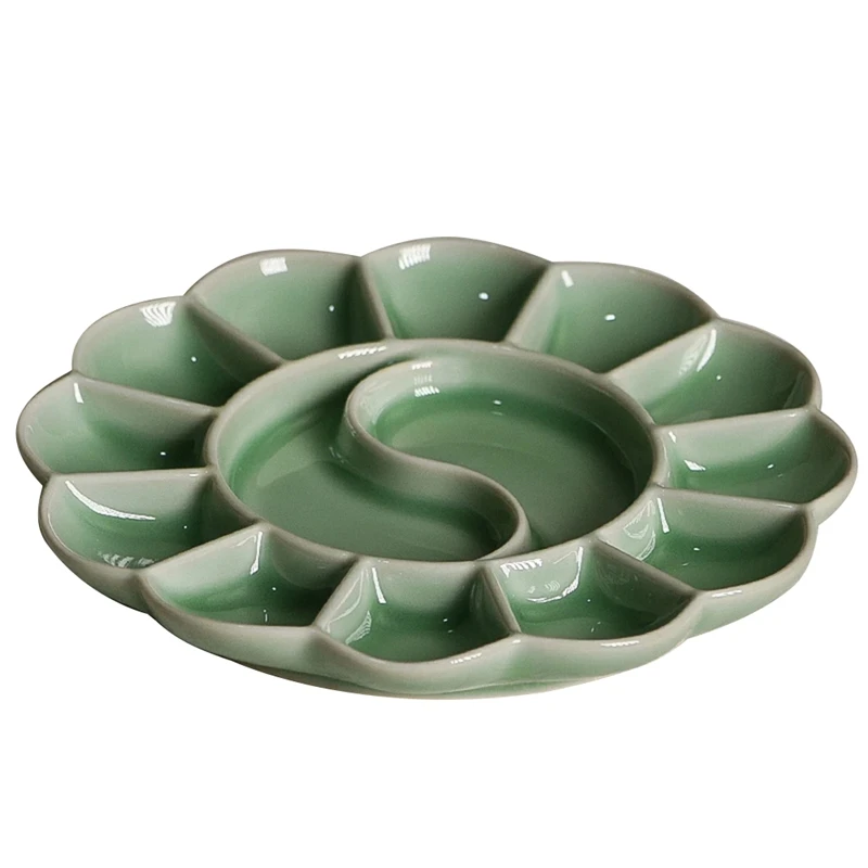 Handmade Celadon Palette Plum Blossom-Shaped Watercolor Paint Tray Ru Kiln Ceramic Plate And Pen Holder