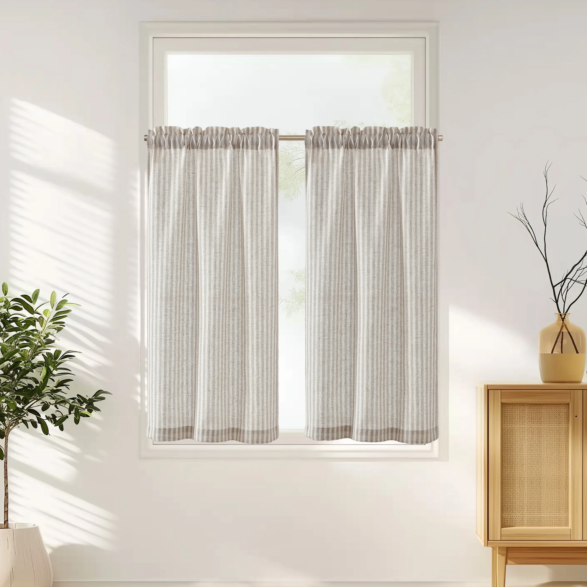 JINCHAN 2 Panels Linen Kitchen Curtains Japanese Striped Short Cover Curtains Rod Pocket Home Interior Shade Window Drapes Cafe 3