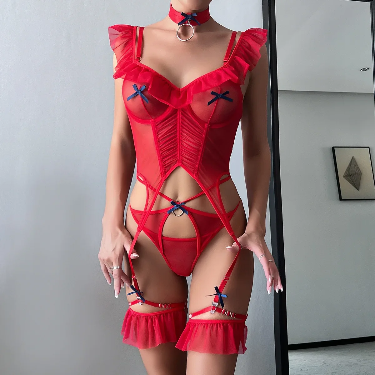 

Sexy Fishbone Shaping Backless Spaghetti Strap Bodysuit Set in Elastic Net Yarn for Teenage Girls Sexy Lingere