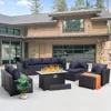 Outdoor Patio Furniture Set 11 Piece Dark Brown Rattan Sectional Sofa PE Wicker Conversation Chairs with 45" Propane Fire 2
