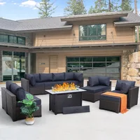 Outdoor Patio Furniture Set 11 Piece Dark Brown Rattan Sectional Sofa PE Wicker Conversation Chairs with 45" Propane Fire 2