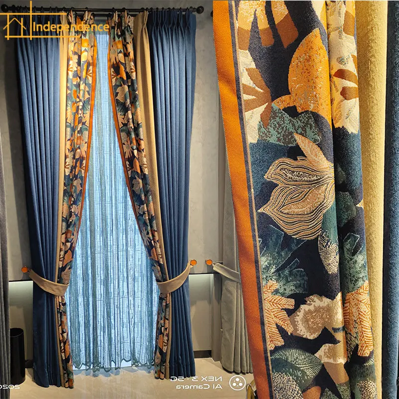 

European Style Leaf Print Stitching Thickened Chenille Velvet Curtains for Living Room Bedroom Customized Villa Shading Fabric