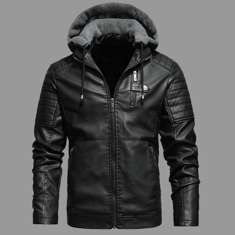 

Men's Winter Fleece Liner PU Leather Jackets Hooded Outwear Coats Autumn Casual Motorcycle Faux Jacket Windbreaker Biker Jackets