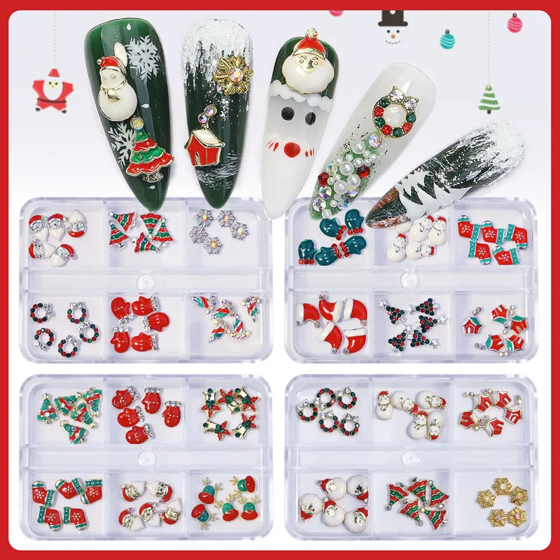 

Chris Nail Fashion Manicure Metal Fashion 3D Accessoy 6 Grids Nail Christmas Rhinestone Snowman Christmas Tree Bells Santa Claus